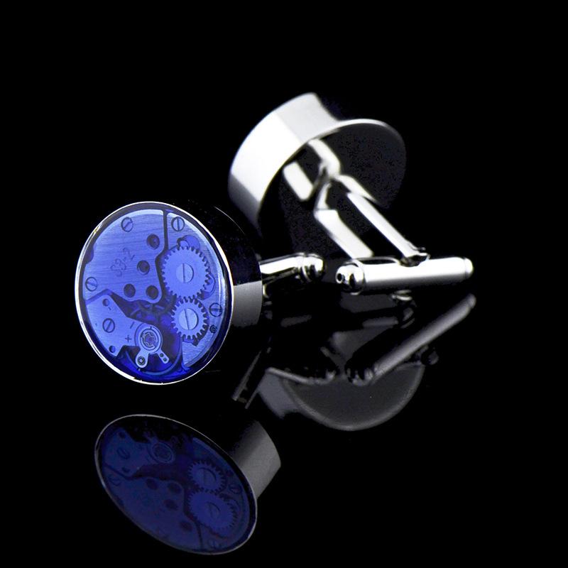 カフリンクス メンズ 男性用 袖ボタン ラウンド パンク 機械式ムーブメント ブルー レジン加工 真鍮製 電気メッキ フレンチカフス 欧米スタイル 幾何学デザイン