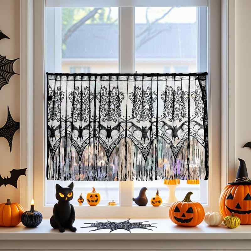 カーテン ハロウィン スカル ドクロ レース カフェカーテン ショート ポール通し 目隠し 防塵 間仕切り ブラック インスタ風 おしゃれ 業務用 店舗用 インテリア 装飾