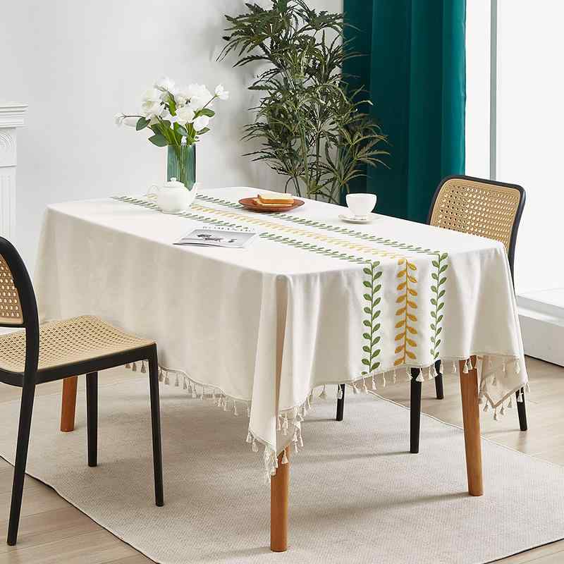 テーブルクロス ナチュラル 北欧風 タッセル付き 長方形 高級感 はっ水 撥油 食卓カバー コットンリネン ダイニング リビング コーヒーテーブル アイボリー 防汚 防塵 耐熱 植物花柄