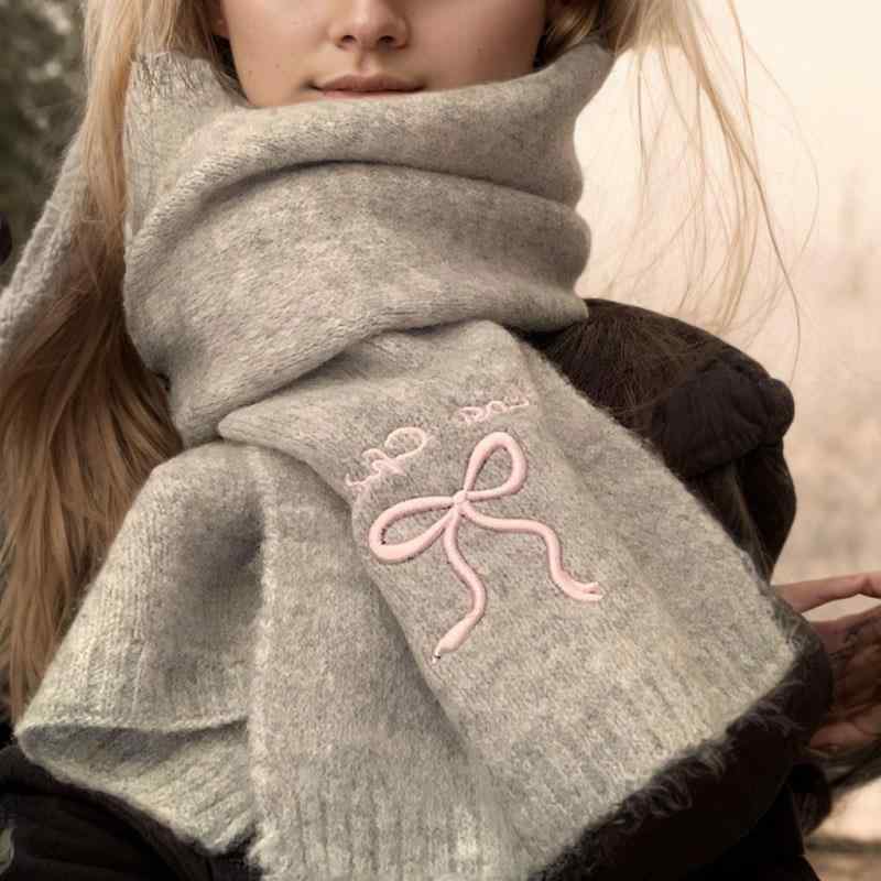 マフラー レディース かわいい リボン ニット コットン ふわふわ 柔らかな肌触り 秋冬 防寒 暖かい 学生 通学 通勤 普段使い カジュアル シンプル 韓国ファッション