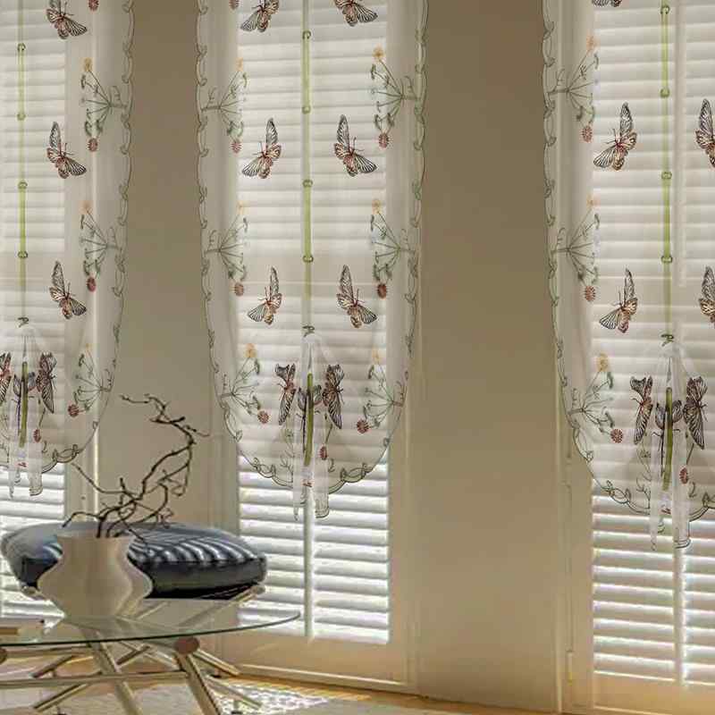 カーテン フレンチスタイル 高級感 刺繡 蝶々 花柄 レース 透け感 ローマンシェード カフェカーテン ド..