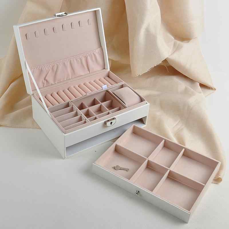 ジュエリーボックス レザー 二段 アクセサリーケース ジュエリー収納 金具ロック おしゃれ 指輪 イヤリング ピアス ブレスレット ホワイト ブラック ダークグリーン ピンク シンプル 無地 丈夫