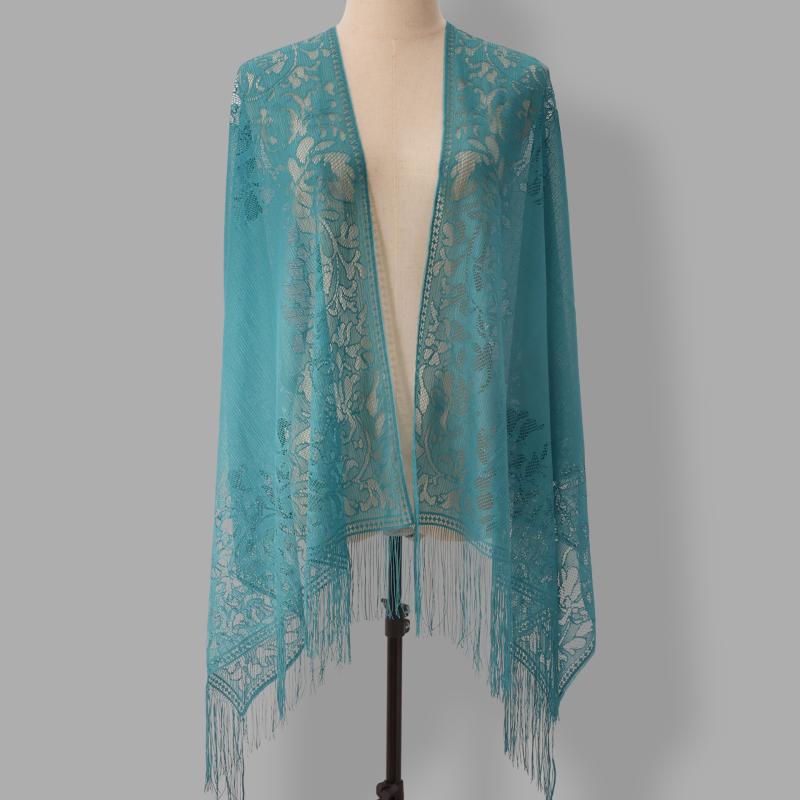 ショール レディース 春夏 ロング丈 ストール ヘッドカバー ポリエステル レース 透かし編み フリンジ ..