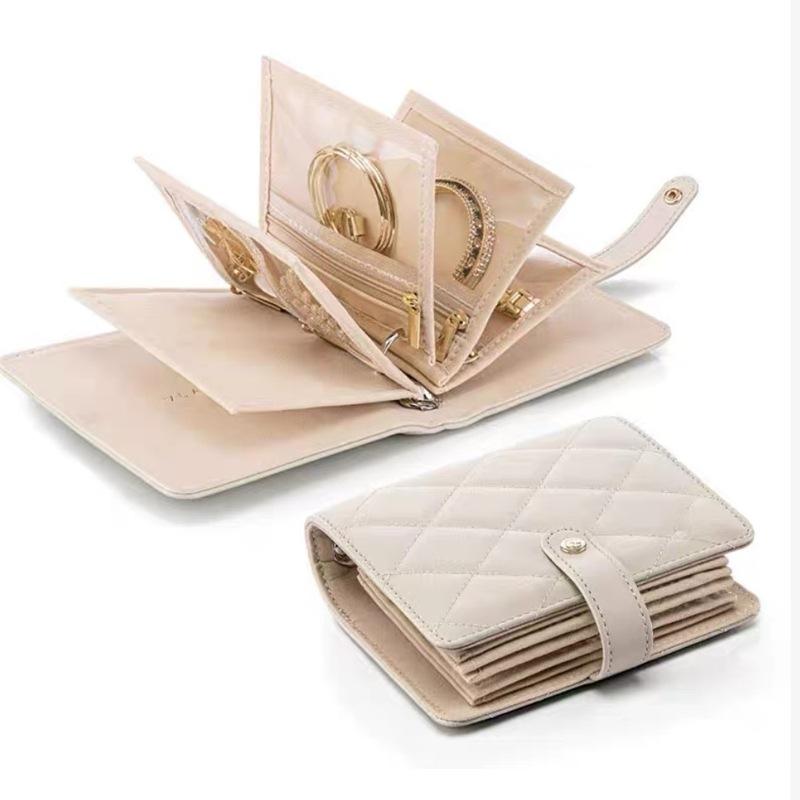 アクセサリーケース ジュエリーボックス ブック型 携帯用 コンパクト 多機能 変色防止 レザー調 高級感 トラベルポーチ 小物入れ ベージュ ピンク ブルー系