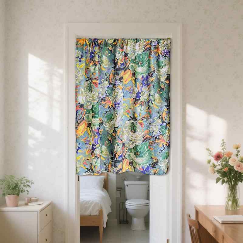 ドアカーテン のれん カーテン アメリカン レトロ カントリー 花柄 油絵風 印象派 リビング 寝室 ダイニング 玄関 バルコニー 穴あけ不要 突っ張り棒 完成品 ポリエステル