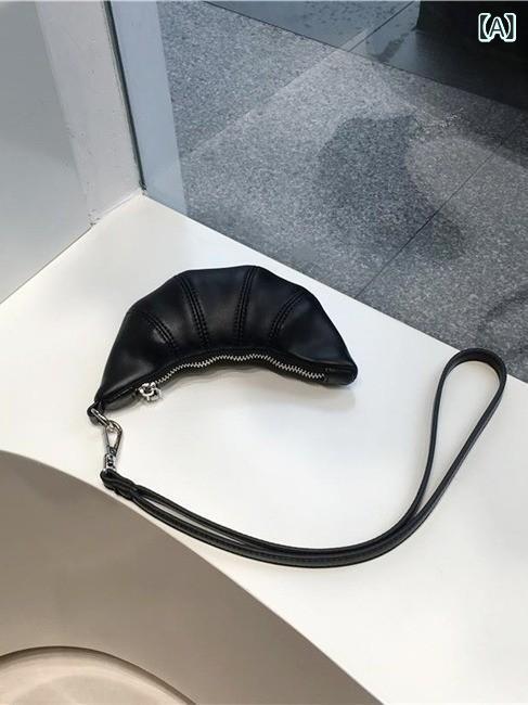 ミニ財布 ユニセックス ソフト フェイクレザー 高質感 クロワッサン型 レトロ 上品 ストラップ付き コ..