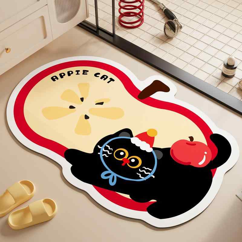 マット 玄関 浴室 トイレ 洗面所 リビング用 かわいい リンゴ 黒ネコ柄 珪藻土 吸水 速乾 滑り止め 丸洗い お手入れ簡単 耐久性 おしゃれ 変形デザイン 足拭き