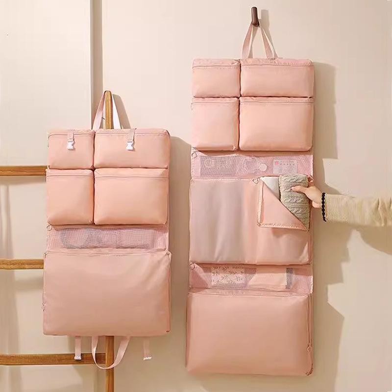 トラベルポーチ 折りたたみ式 下着 インナー収納袋 衣類整理 吊り下げ式 ハンギング 多機能 仕切り付き 旅行 出張 スーツケース整理 ツイル生地 キューブ型