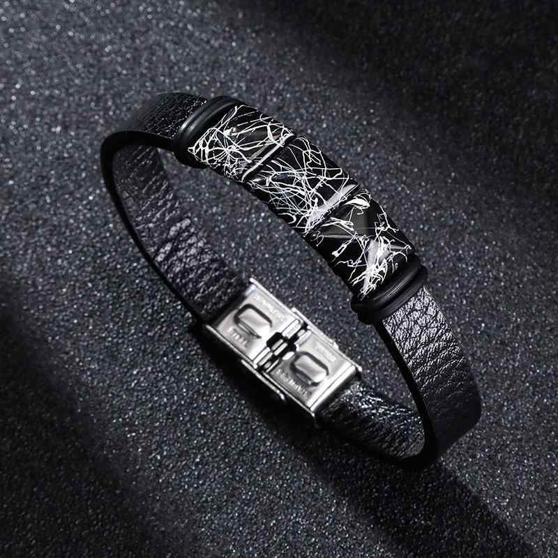 ブレスレット バングル 合金 レザー 革 レトロ ゴシック風 マグネット留め具 ブラック シンプル おしゃれ ストライプ 腕輪 カジュアル 普段使い