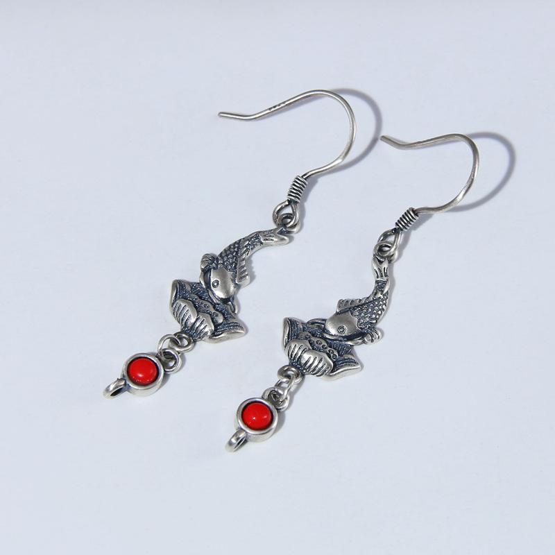 DIY ピアス レディース 925シルバー エスニック 民族調 錦鯉 蓮の花 中国風 オリエンタル レトロ アンティーク加工 おしゃれ フックピアス ドロップピアス(x2)