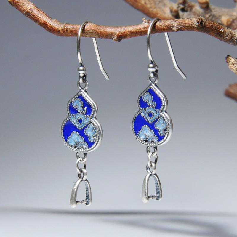 耳飾りパーツ レディース 925純銀 シルバー 七宝焼 景泰藍 ピアスフック DIY ハンドメイド 空枠 レジン レトロ 民族調 エスニック フラワー ひょうたん モチーフ