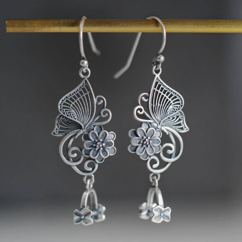 耳飾り レディース 女性用 925シルバー DIY ハンドメイド 平安扣チャーム用 空枠 レトロ 中国風 蝶々モ..