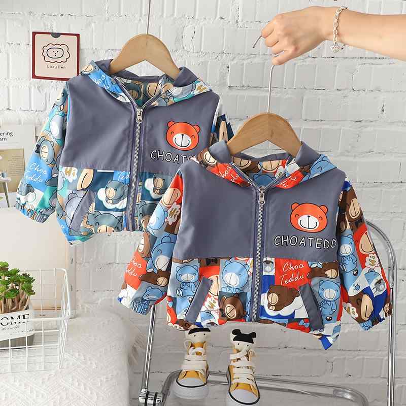 ジャケット 男の子 ベビー キッズ 春秋 薄手 フード付き 切り替え クマ キャラクター ウインドブレーカ..