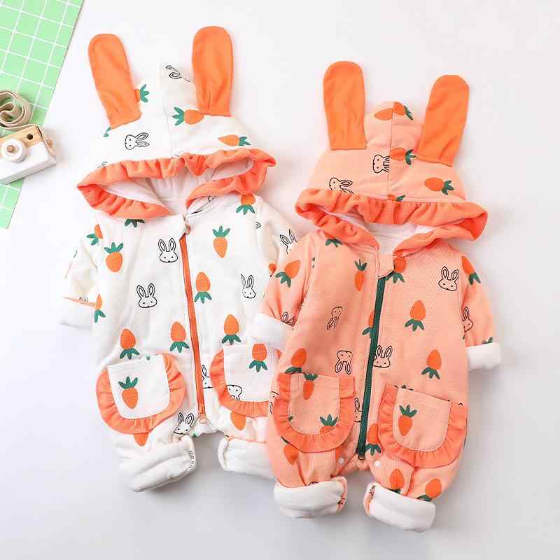 ロンパース 女の子 ベビー 秋冬 厚手 カバーオール 新生児 フード付き 長袖 綿 コットン100% あったか ..