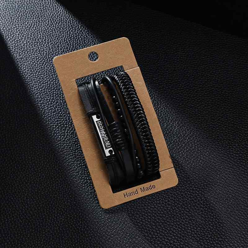 ブレスレット メンズ ユニセックス レザー 革 編み込み セット 重ね付け レトロ ヴィンテージ アンティーク ハンドメイド アクセサリー バングル ブラック ブラウン カジュアル 普段使い おしゃれ