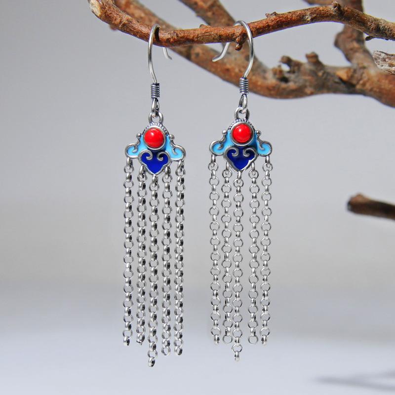 DIY フックピアス レディース 925シルバー 景泰藍 七宝焼き エポキシ樹脂加工 台湾 タッセル フリンジ ..