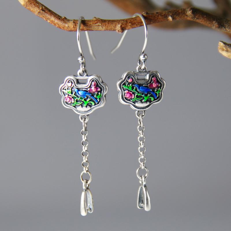 ピアス イヤリング アクセサリーパーツ レディース 女性用 925シルバー 空枠 クリップ イヤーフック DIY ハンドメイド チャイナ風 レトロ アンティーク マグパイ 鳥モチーフ(x2)