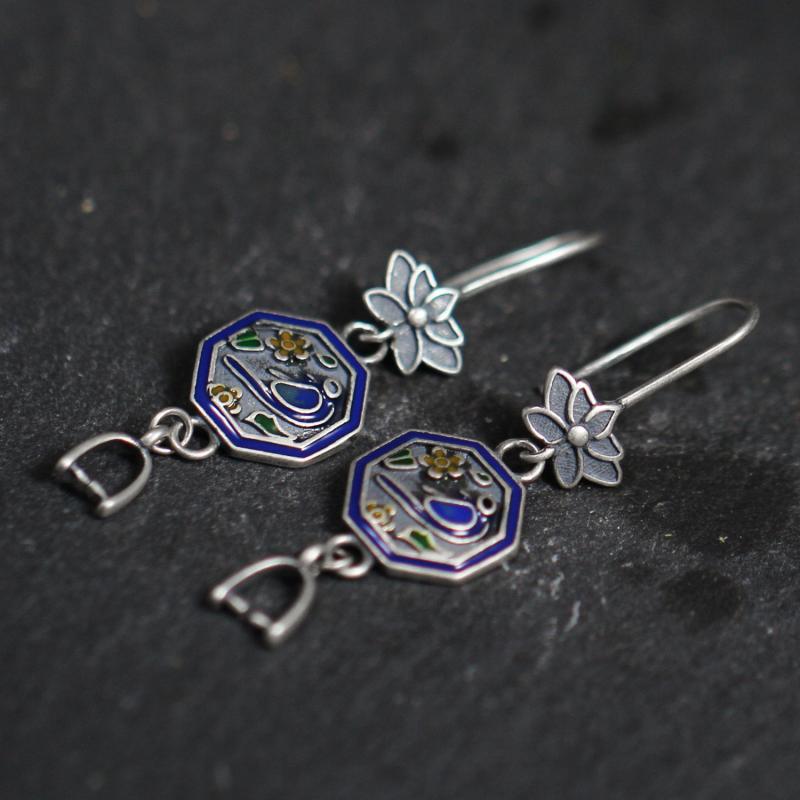 ピアス イヤリング レディース 女性用 925シルバー DIYパーツ 空枠 レトロ エスニック 中国風 七宝焼き..