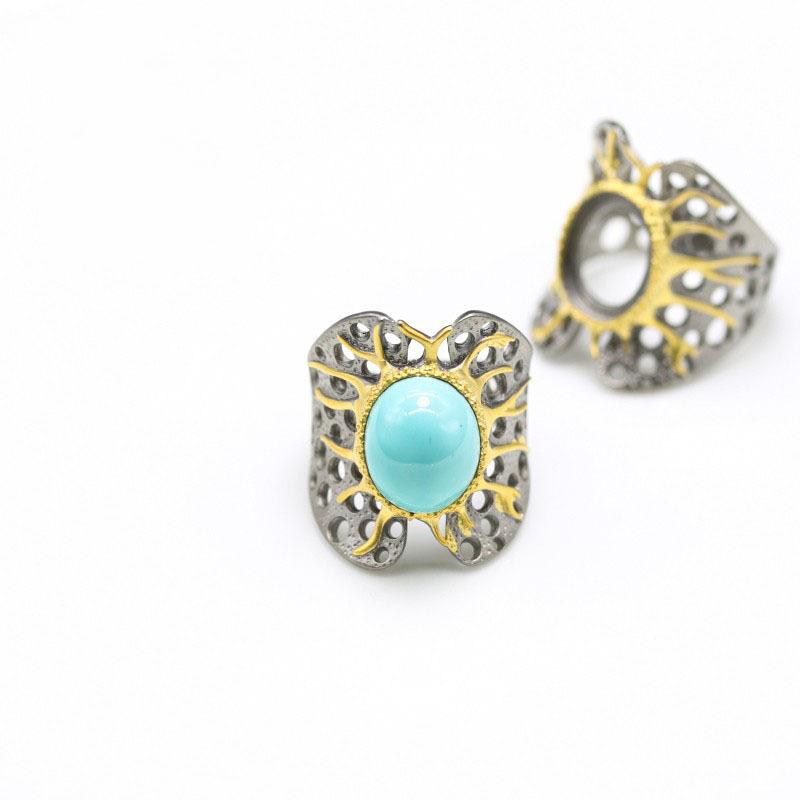 指輪 レディース S925シルバー 純銀製 イタリアンデザイン 手作り フリーサイズ リング台座 空枠 蜜蝋 南紅 はめ込み用(x2)