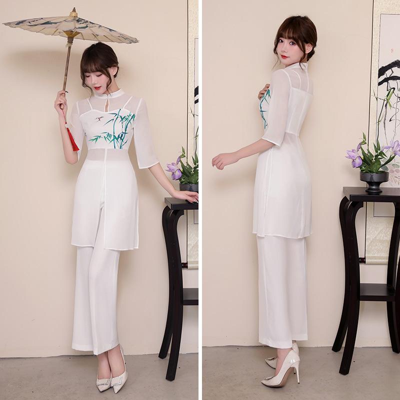 ユニフォーム レディース チャイナ風 エステティシャン セラピスト ビューティーアドバイザー 美容院 スパ リラクゼーション 整体院 フットケア 高品質 上品 五分袖 長パンツ セットアップ ホワイト ポリエステル