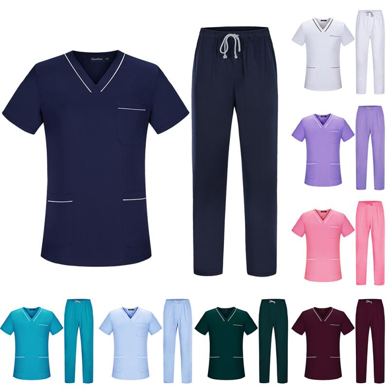 スクラブ 男女兼用 医療用 看護師 医師 介護士 歯科 美容 エステ 施術 ユニフォーム 半袖長ズボン 上下セット Vネック ポリエステル綿混 吸湿速乾 配色切り替え ポケット 高級感