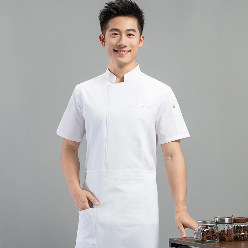 コックコート 男女兼用 半袖 ジップアップ 吸湿速乾 飲食店 ホテル レストラン 厨房 調理服 白 黒 グレー 伸縮性 スタンドカラー ユニフォーム