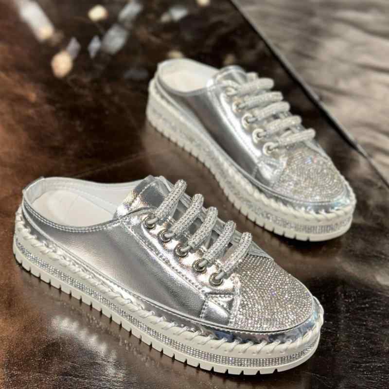 ミュール レディース ラインストーン フラットソール つま先カバー ラウンドトゥ 外履き 楽ちん カジュアル スリッパ サンダル 合成皮革 春夏 シルバー ホワイト