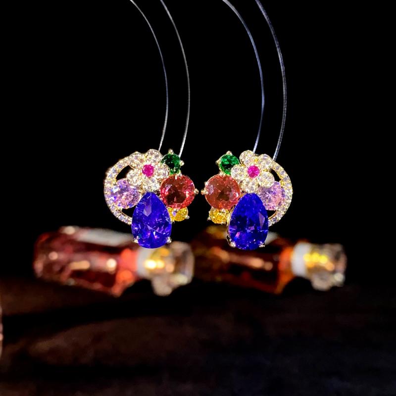 ピアス レディース S925シルバーポスト 個性的デザイン ドロップフラワー カラフルジルコニア 銅製 上..