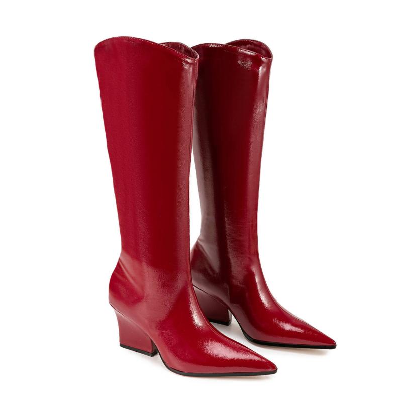 ロングブーツ レディース ポインテッドトゥ Vカット 太ヒール 合成皮革 ニーハイ丈 セクシー エレガント ライディングスタイル 欧米風 サイドジップ 秋冬 レッド