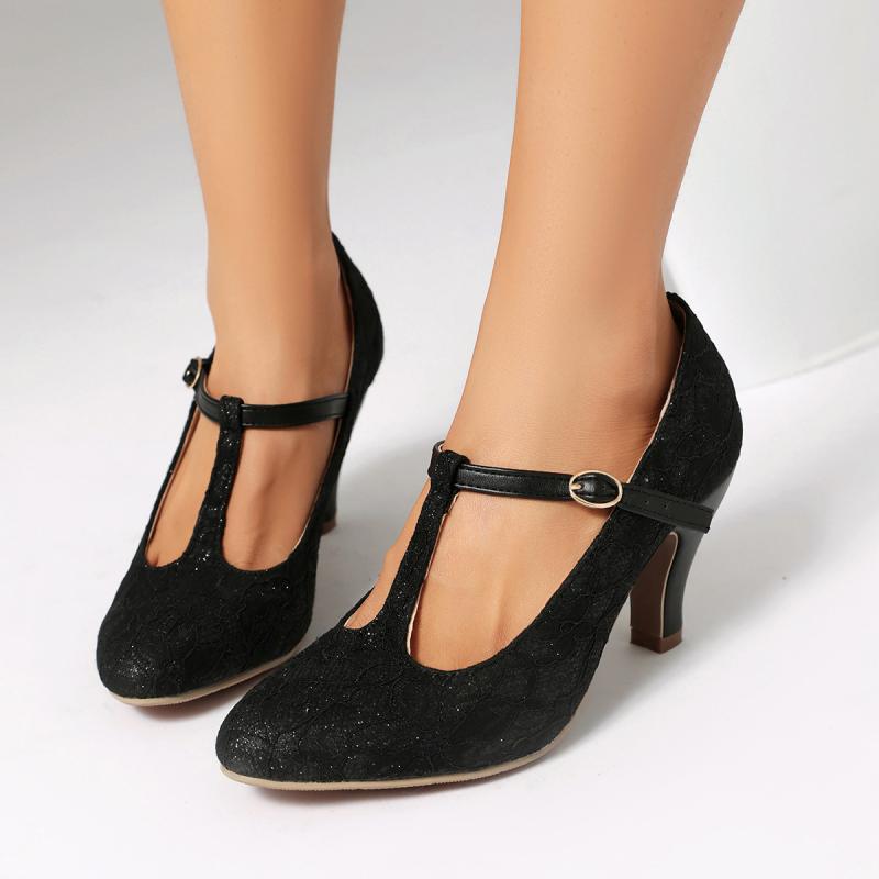 メリージェーン レディース パンプス ラウンドトゥ レース Tストラップ 細ヒール ハイヒール ダンスシューズ カジュアル PUレザー スエード調 ブラック アイボリー