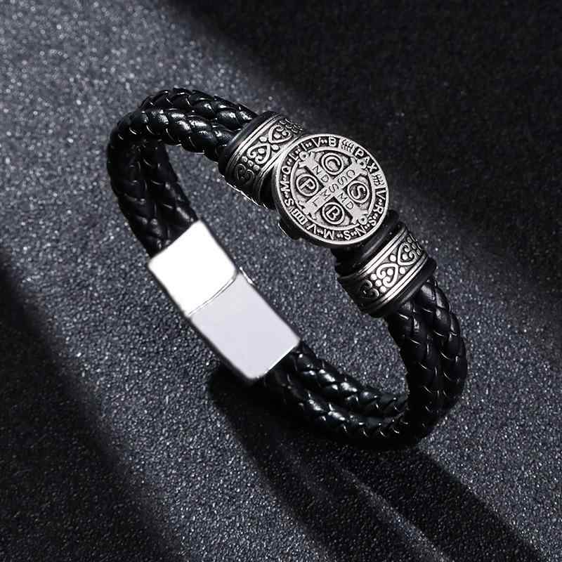 ブレスレット メンズ PUレザー サージカルステンレス クロス柄 編み込み 高級感 ライトラグジュアリー 個性的 シンプル おしゃれ 普段使い カジュアル 腕輪 アクセサリー