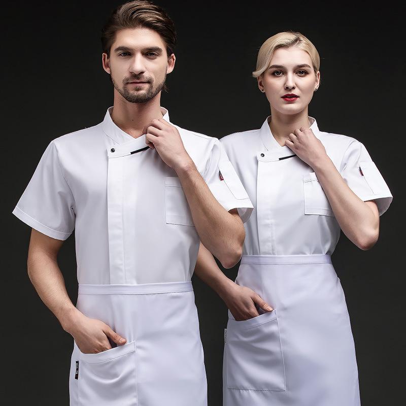 コックコート 男女兼用 半袖 夏用 薄手 通気性 快適 飲食店 ホテル 厨房 調理場 レストラン 作業着 綿混 ポリエステル 白 赤 黒 青