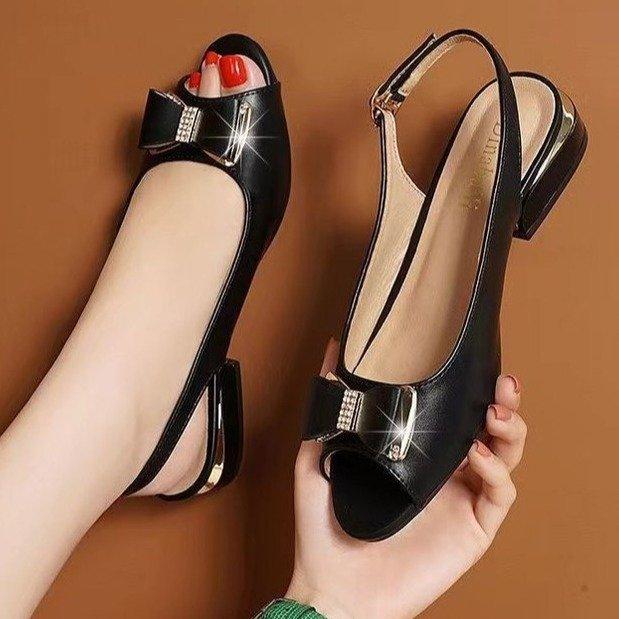 サンダル レディース オープントゥ 太ヒール アンクルストラップ ローヒール リボン ラインストーン バ..