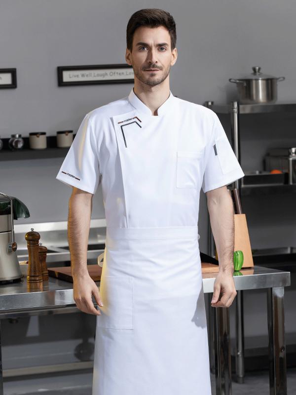 調理服 メンズ 男性用 半袖 コックコート 飲食店 厨房 作業着 ユニフォーム 軽量 薄手 通気性 吸汗速乾 立ち襟 ポリエステル コットン 混紡素材 ホテル ...