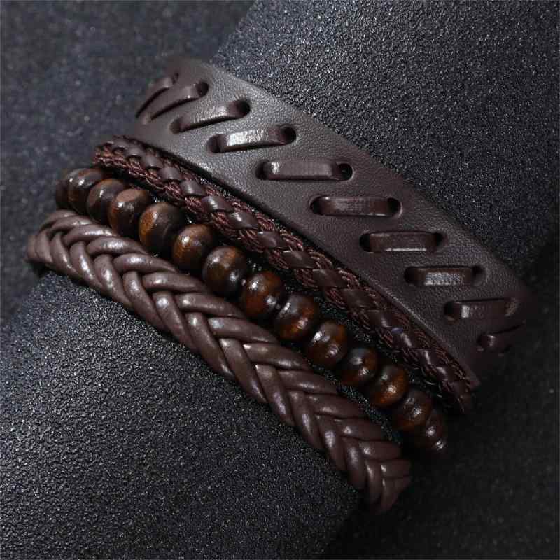 ブレスレット メンズ 欧米 レトロ ヴィンテージ パンク風 個性的 編み込み 幅広 4連 フェイクレザー 革 ブラウン 手編み ユーズド加工 腕輪 男性用 ファッション小物