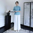 セットアップ レディース エステ サロン 美容師 セラピスト ユニフォーム 高級感 五分袖 ロングパンツ ポリエステル ブルー 秋冬