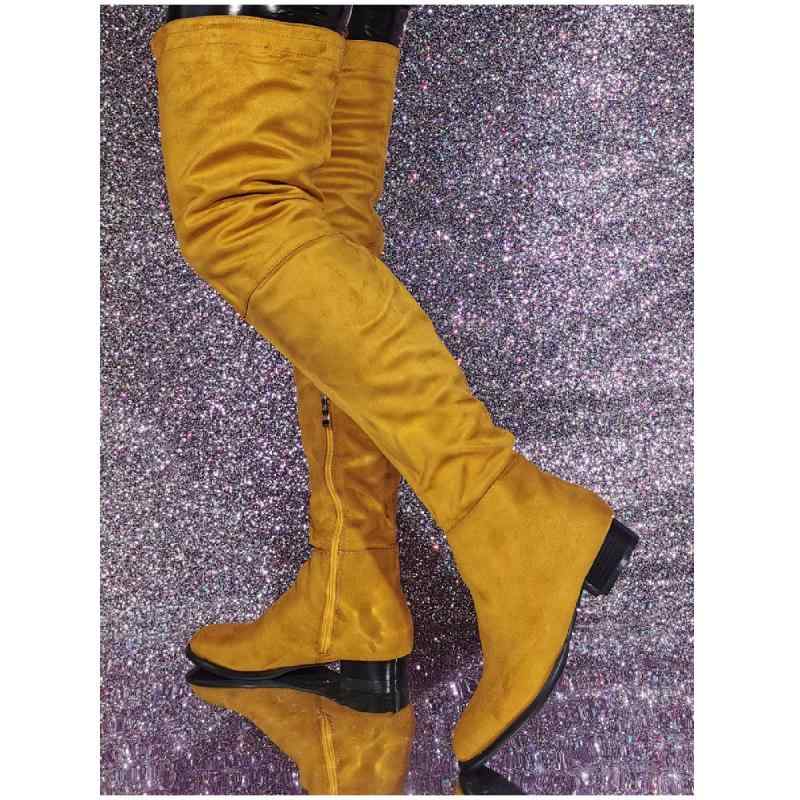 オーバーニーブーツ レディース ローヒール 大きいサイズ ロング丈 スエード調 PUレザー フェイクファー ラウンドトゥ スクエアヒール サイドジップ カジュアル 欧米風 秋冬 オレンジ