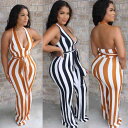 オールインワン レディース ホルターネック バックオープン ストライプ フレア ワイドパンツ ロング丈 ウエストベルト付き ポリエステル 綿混 欧米風 カジュアル リゾート 春夏 ブラック ベージュ