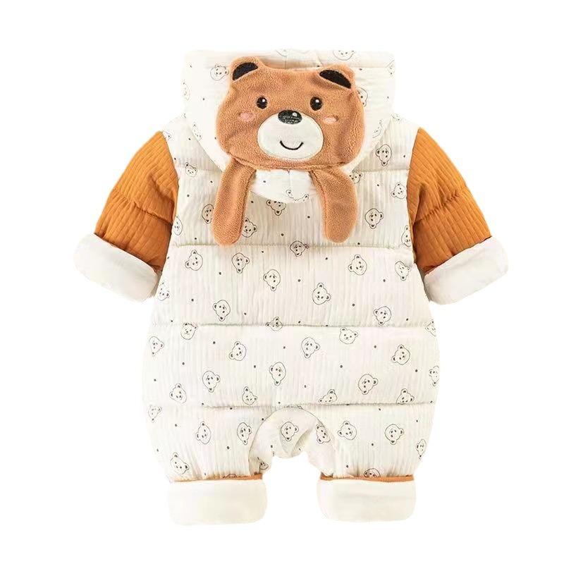 ロンパース ベビー 新生児 男女兼用 冬 韓国風 カートゥーン 厚手 暖かい あったか 防寒 フード付き 長..