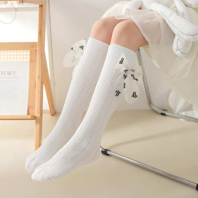 ソックス キッズ 女の子 春夏 薄手 メッシュ オーガンジー ハート リボン ミドル丈 綿 通気性 軽量 か..