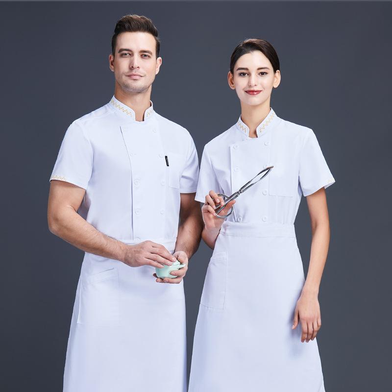 コックコート 男女兼用 半袖 春夏 薄手 吸湿速乾 通気性メッシュ ホテル レストラン 厨房 料理人 シェフ 作業着 ユニフォーム 綿混 ポリエステル 白 黒 ...