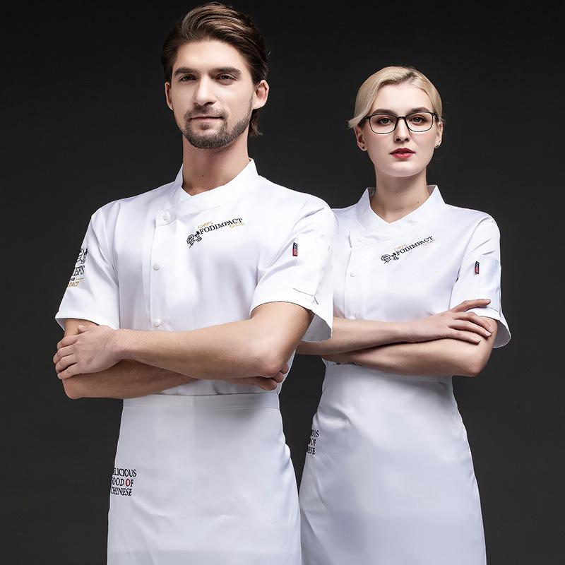 コックコート 男女兼用 半袖 白 黒 青 ホテル レストラン ベーカリー 厨房 調理場 シェフユニフォーム 作業服 防汚 耐油 綿混 ポリエステル 春夏