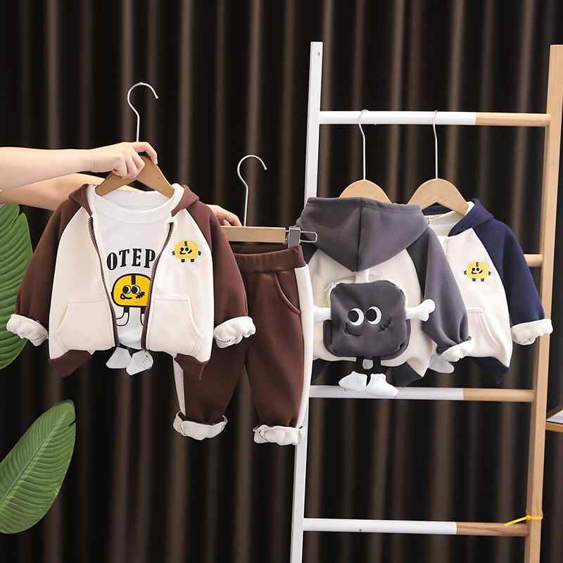 ベビー キッズ 男の子 女の子 秋冬 韓国風 裏起毛 フード付き 鞄付き スリーピース 長袖 プルオーバー ..