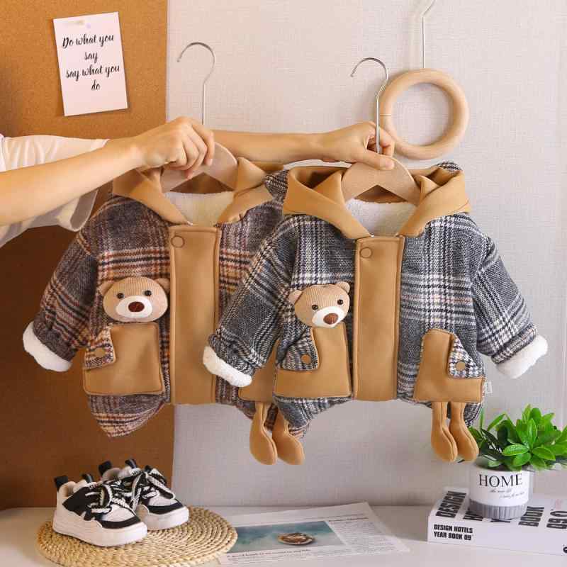 アウター ベビー キッズ 男女兼用 冬用 おしゃれ フード付き チェック柄 くま耳 裏起毛 厚手 コットン 暖かい 防寒 ジャケット コート 普段使い 柔らかい グレー