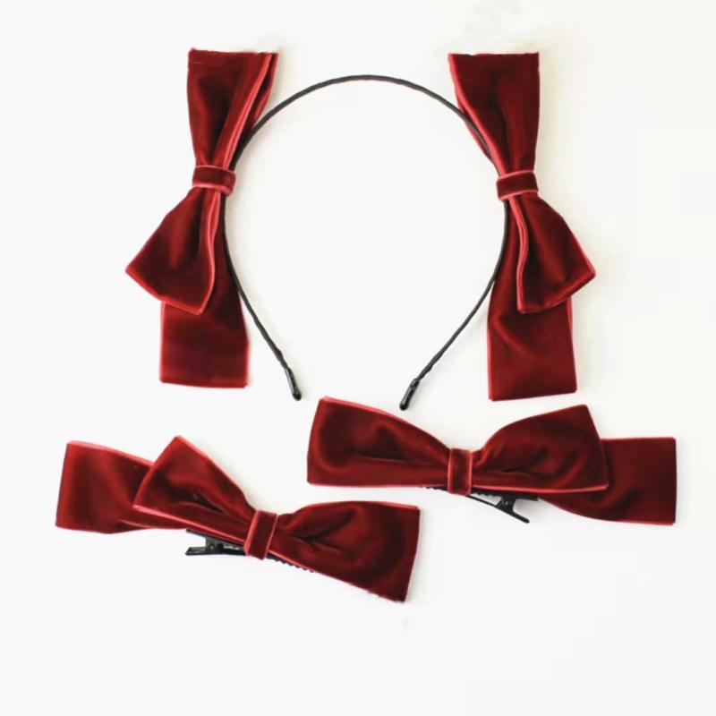 ヘアクリップ レディース 秋冬 ベルベット 立体 リボン 髪留め サイドクリップ 赤 ワインレッド ボルド..