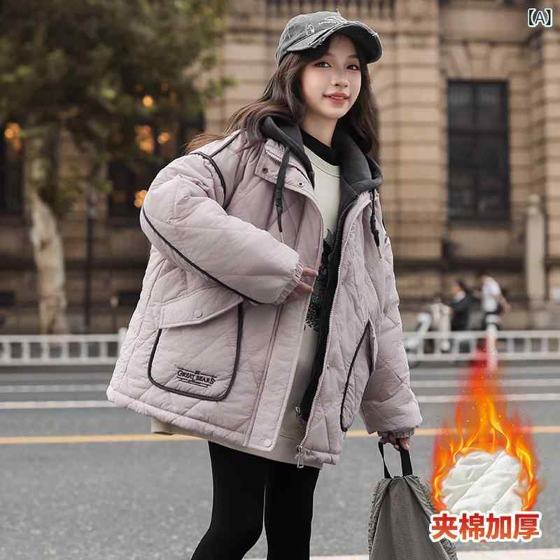 ガールズ 中綿コート 冬用 厚手 重ね着風 フード付き カジュアル ジュニア アウター 防寒 暖かい ポリ..