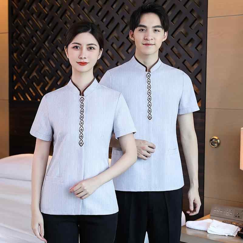 清掃服 レディース 女性用 半袖 作業服 ホテル 客室 マンション 管理 清掃員 介護士 ユニフォーム 制服 吸湿速乾 ドライ 綿混 コットンブレンド 春夏 大きいサイズ ゆったり セットアップ グレー 水色 ベージュ