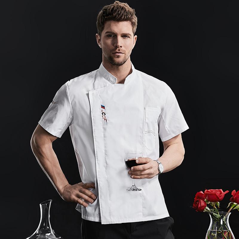 コックコート 男女兼用 メンズ レディース 半袖 ホワイト 吸湿速乾 通気性 スナップボタン 刺繍ロゴ 綿混 コットンブレンド 再生繊維 厨房 調理服 シェフ服...