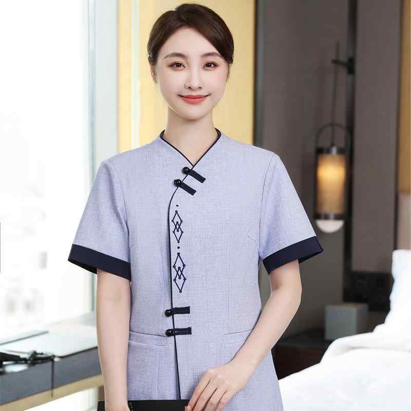 清掃服 ユニセックス 半袖 ホテル 民宿 客室清掃 ビルメンテナンス 制服 作業着 吸湿速乾 通気性 接触冷感 春夏 綿混 ポリエステルトッ..