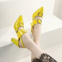 パンプス レディース ポインテッドトゥ 太ヒール チャンキーヒール ハイヒール エナメル 浅履き ベルトバックル シンプル 無地 春夏 オフィス 通勤 美脚 お...